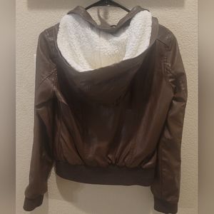 New Look faux brown leather jacket w/fur hood
